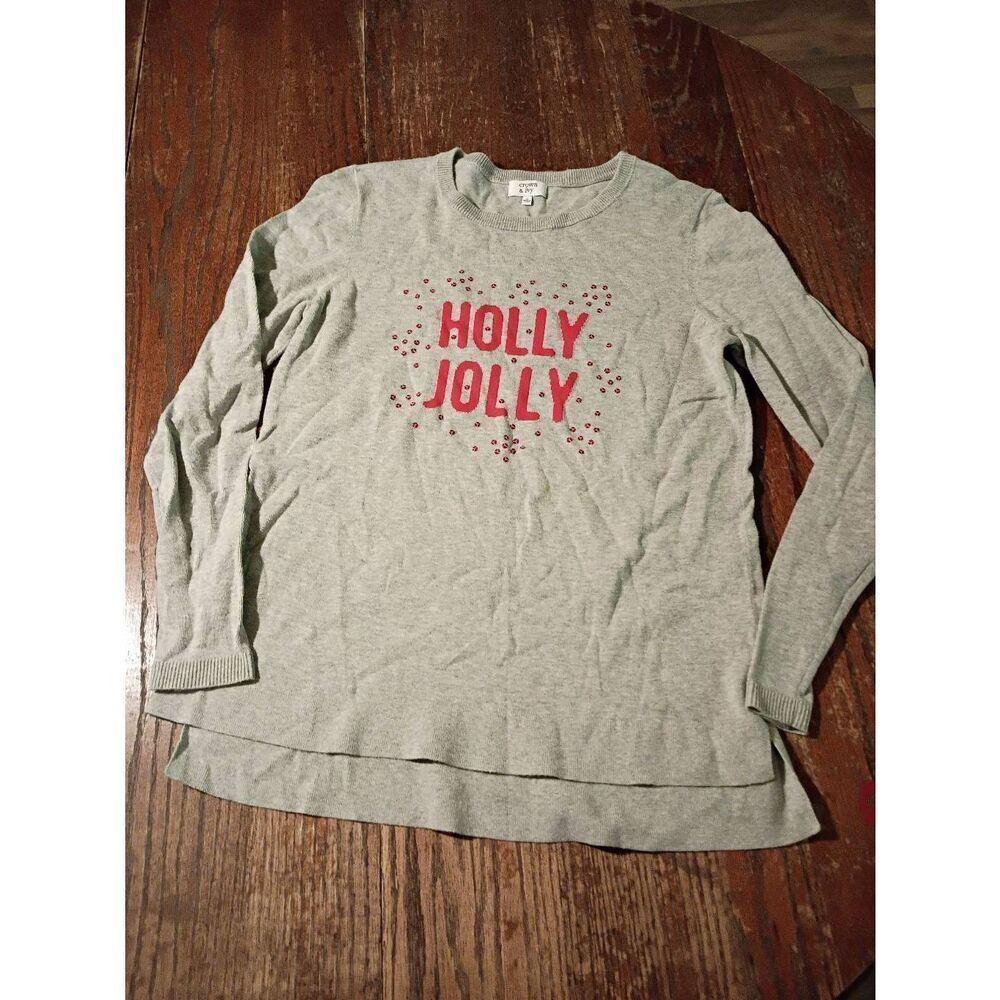 Crown and Ivy Womens Small Gray Red Sequined Holly Jolly Long Sleeve Sweater